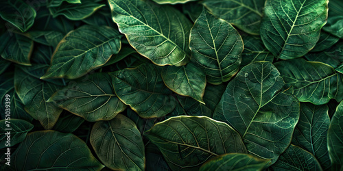 Emerald Enchantment Macro Background. A close-up view of lush green foliage  capturing the intricate details of leaves and delicate veins  evoking a sense of natural beauty and tranquility.