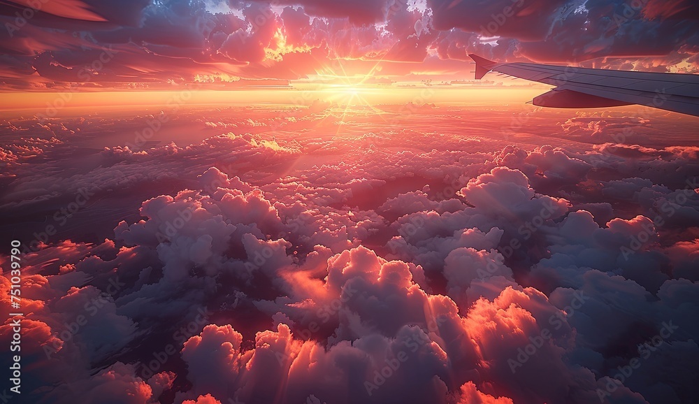 the wing of an airplane over clouds and sun shining on it, in the style of landscape photography, photo-realistic landscapes, modern. Generative AI the wing of an airplane over clouds and sun shining on it, in the style of landscape photography, photo-realistic landscapes, modern. Generative AI