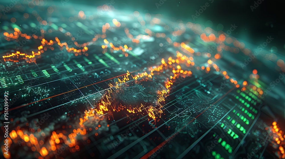 a blue and green screen showing graphs and lines, in the style of modern, shaped canvas, bokeh, black background, poster, money themed, earth tone color palette. Generative AI a blue and green screen showing graphs and lines, in the style of modern, shaped canvas, bokeh, black background, poster, money themed, earth tone color palette. Generative AI