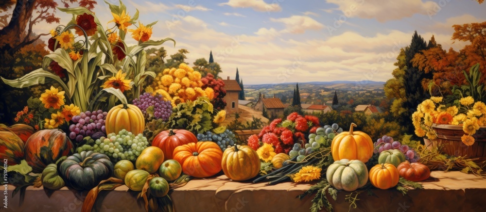 A painting showcasing a variety of pumpkins and gourds neatly arranged on a ledge, depicting the bounty of a vibrant vegetable garden. - obrazy, fototapety, plakaty 