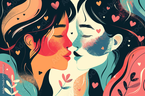 Vector flat illustration of a romantic landscape with a couple in silhouette, heart-shaped balloons, and a serene mountain backdrop, perfect for wrapping paper pattern. Vector flat illustration