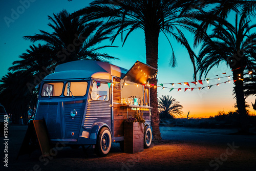 Retro food truck at sunset photo