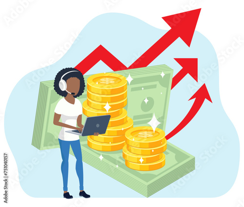 Businesswoman Character with golden stacks of coins. Trader with headphone Working on Laptop. Financial analyst. Investor with laptop monitoring growth of dividends Design Symbol Flat Style Vector