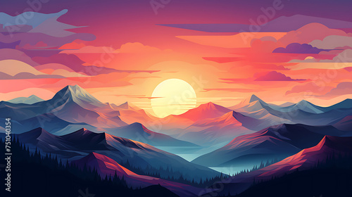 A vector illustration of a sunrise over a mountain range. © Tayyab