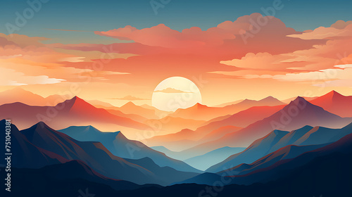 A vector illustration of a sunrise over a mountain range.