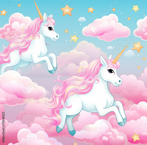 Vector flat illustration depicting a dreamy unicorn in a star-filled sky with pastel clouds, a perfect blend of fantasy and tranquility for decor © TEERAPONG
