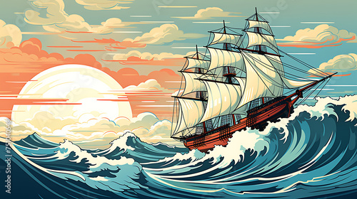 A vector illustration of a vintage ship sailing on rough seas.