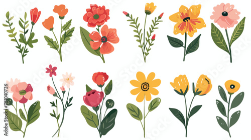 Floral set different flowers with leaves flat vector