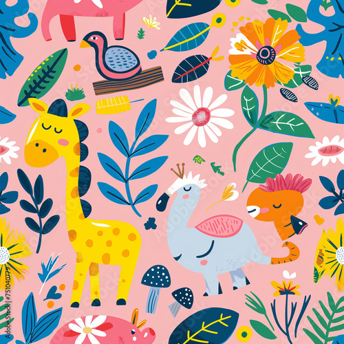 Whimsical wrapping paper pattern Vector flat illustration featuring cute lions, giraffes, and flora, ideal for birthday presents and playful decorations
