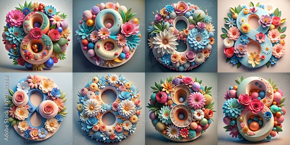 8 March stylized 3d plate form with flowers. women's day 8 March stylized 3d plate form with flowers. women's day
