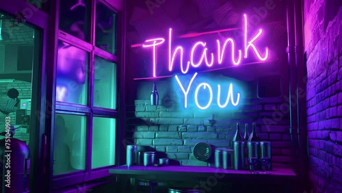 Sign thank you on the wall, nostalgic era with a bright retro neon effect . Suitable for video end screen