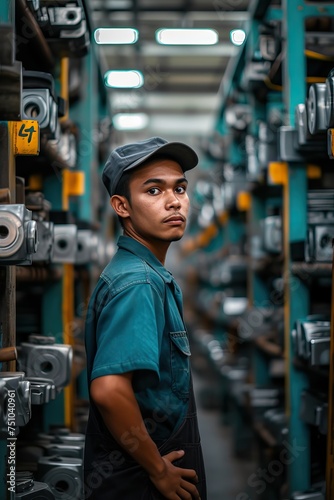 a indonesian young man worker in machine factory, Engineer factory concept