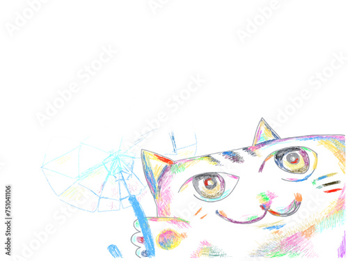 透明な傘を持つ色鉛筆でカラフルに描いた猫