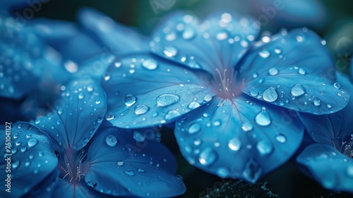 Close-up view of refreshing dew drops adorning the delicate petals of blue hydrangea flowers in soft light.