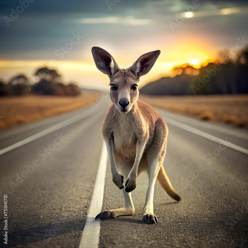A kangaroo walks along the highway. right at you on the way road