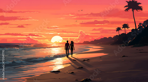 A vector image of a couple strolling along the beach at sunset.