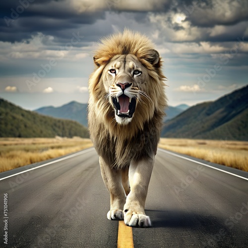 A lion walks along the highway. right at you on the way road