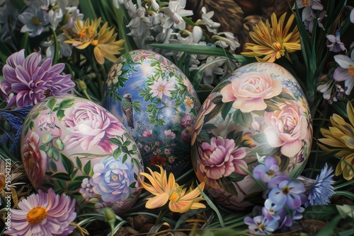 A Symphony of Spring: Delicately Painted Floral Easter Eggs Nestled Amongst Blooming Garden Flowers
