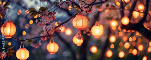 A Serene Easter Evening Illuminated by Delicate Pastel Lanterns Hanging from Blossoming Spring Trees
