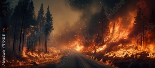 A raging fire burns fiercely in the heart of a dense forest, sending plumes of smoke into the sky. The flames threaten to consume the surrounding trees and vegetation, creating a dangerous and © pngking