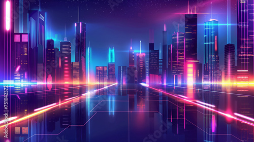 Futuristic night cityscape on a neon skyline background with glowing neon light. Highway perspective view. Cyberpunk and retro wave style, vector illustration.
