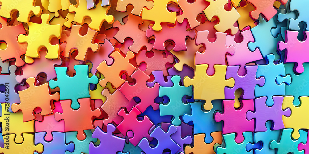 Naklejka premium Interlocking puzzle pieces pattern background. Abstract jigsaw puzzle texture with vibrant colors. Creative problem-solving concept