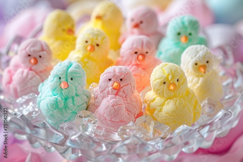 A Colorful Array of Marshmallow Chicks Nestled Together in a Crystal Candy Dish, Celebrating the Sweetness of Easter photo