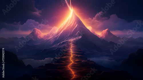 The road to success, the glowing light to the top, the future journey of the glowing mountain road