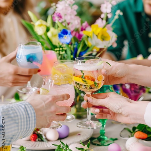 A Joyful Gathering of Friends Celebrating Easter with Colorful, Themed Cocktails in Hand, Surrounded by Spring Decorations