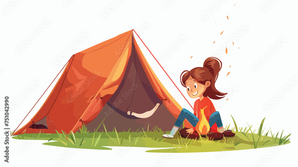 Girl tent bonfire night camping isolated on white ba