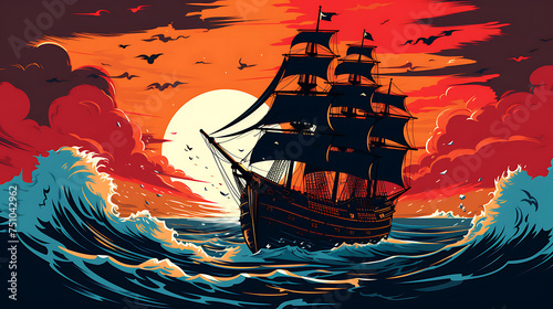 A vector image of a pirate ship with sails billowing.