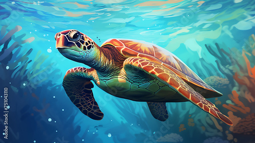 A vector image of a sea turtle swimming in the ocean. © Tayyab