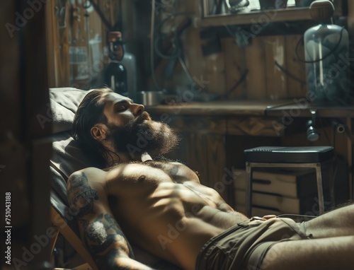 A man with a beard and tattoos lays on a chair in a room