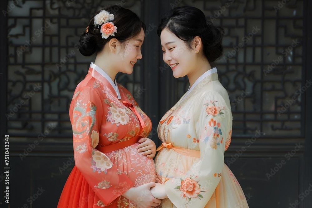 Two women in traditional Asian clothing, one of them pregnant