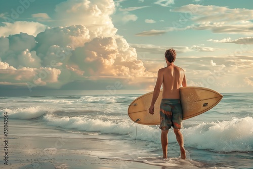A man is standing on the beach holding a surfboard © Juan Hernandez