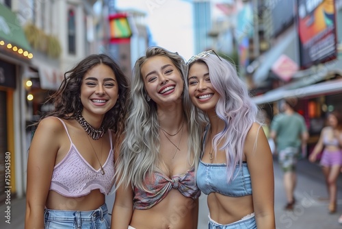 Three women are smiling and posing for a picture on a city street
