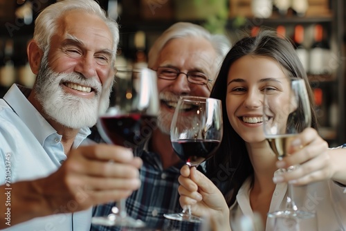 A man, a woman and a child are smiling and holding wine glasses