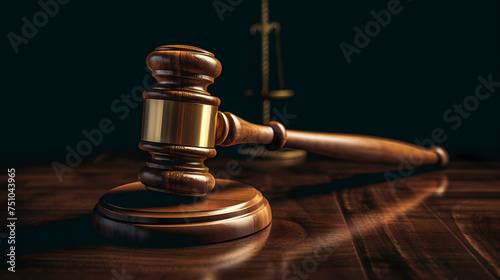 Close-up of gavel on judge's table with golden details symbolizing law, justice and court authority © Derby