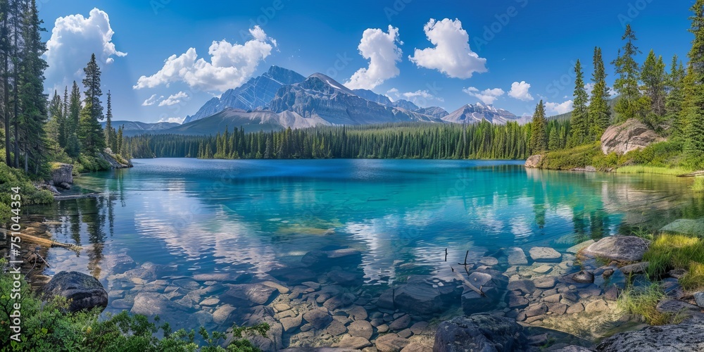 A breathtaking view of a crystal clear lake in Canada surrounded by green conifers with majestic snow-capped mountain peaks in the background.