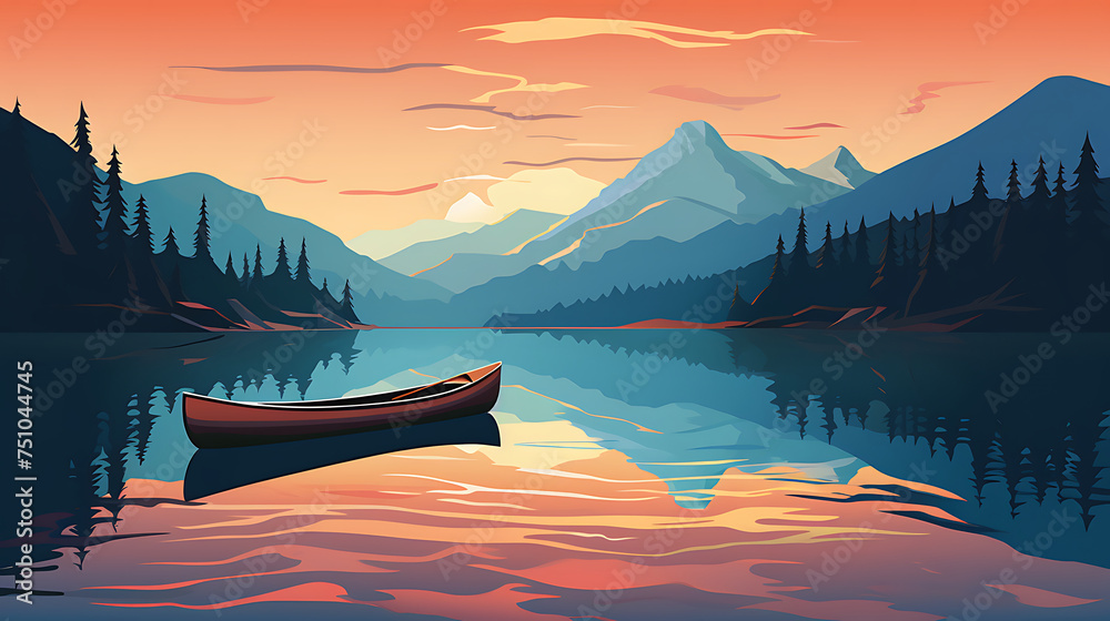 A vector representation of a canoe on a tranquil lake. - obrazy, fototapety, plakaty 