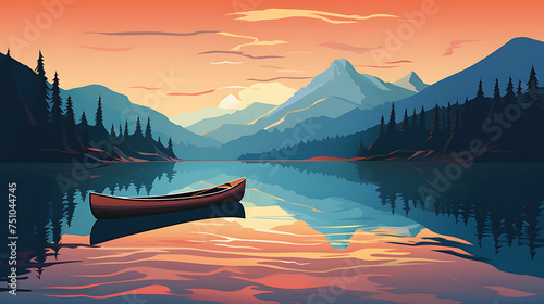 A vector representation of a canoe on a tranquil lake.