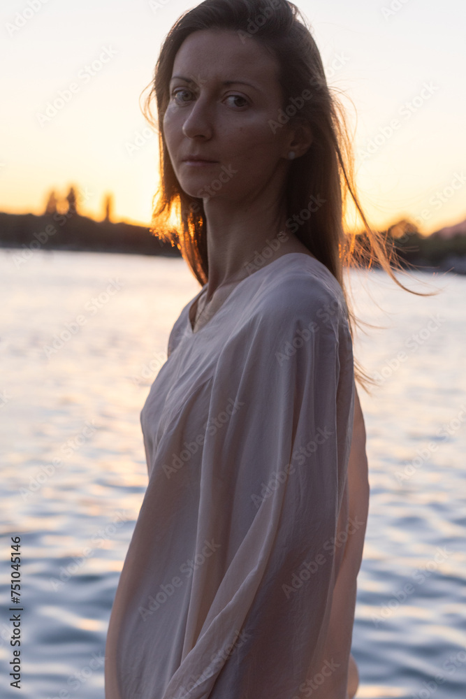 portrait of sad woman looking at camera near lake, mental health, crop portrait of sad woman looking at camera near lake, mental health, crop