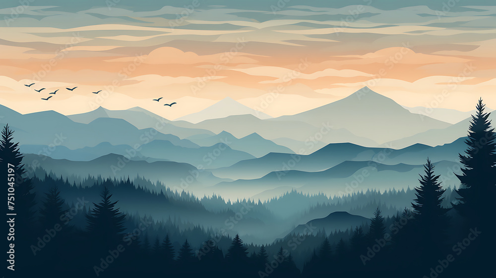 A vector representation of a foggy forest at dawn.
