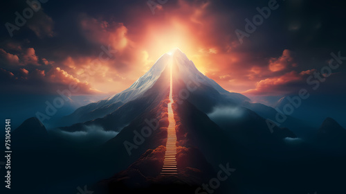 The road to success  the glowing light to the top  the future journey of the glowing mountain road