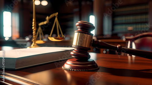 Close-up of gavel on judge's table with golden details symbolizing law, justice and court authority