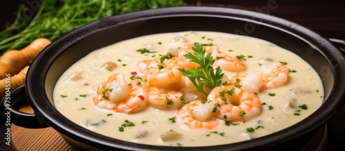 A bowl filled with creamy potato soup, garnished with succulent king shrimp and fresh parsley. The focus is on the perfectly cooked shrimp, adding a burst of flavor to the hearty soup.