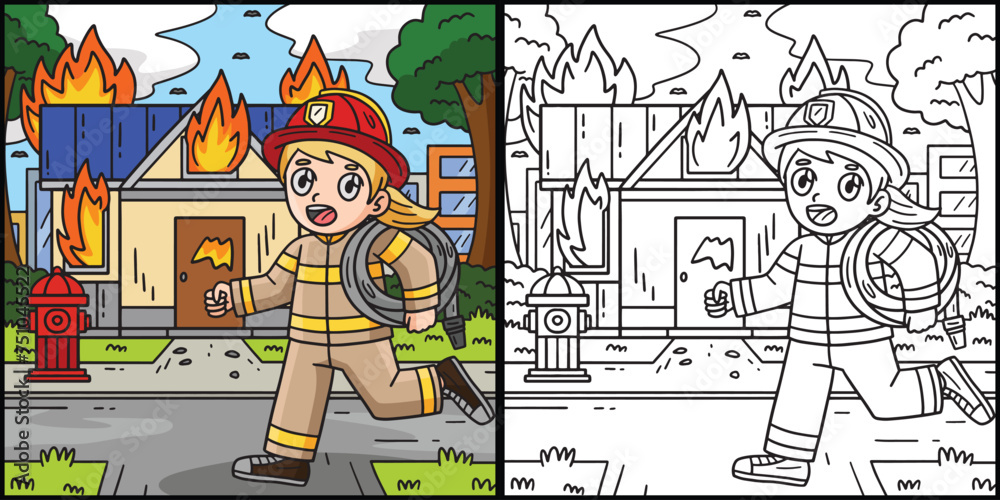 Firefighter and Building on Fire Illustration