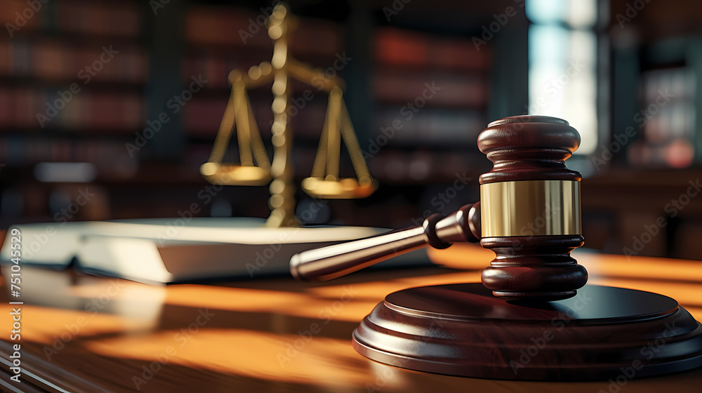 Close-up of gavel on judge's table with golden details symbolizing law, justice and court authority Close-up of gavel on judge's table with golden details symbolizing law, justice and court authority