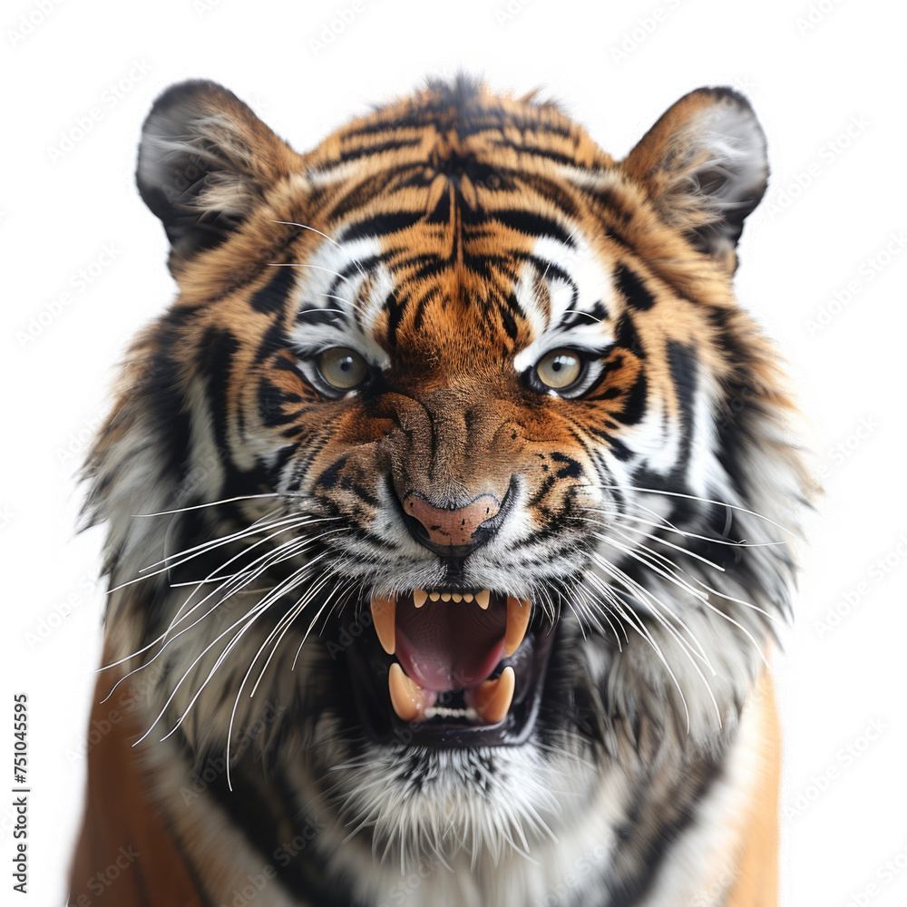 The tiger's ferocious faceisolated on transparent background, element remove background, element for design - animal, wildlife, animal themes