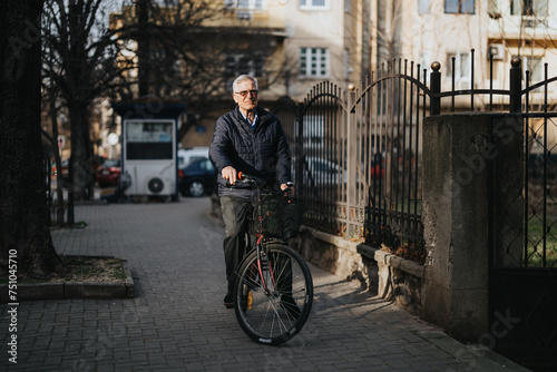 Active senior man enjoying a sunny day bike ride in the city.
